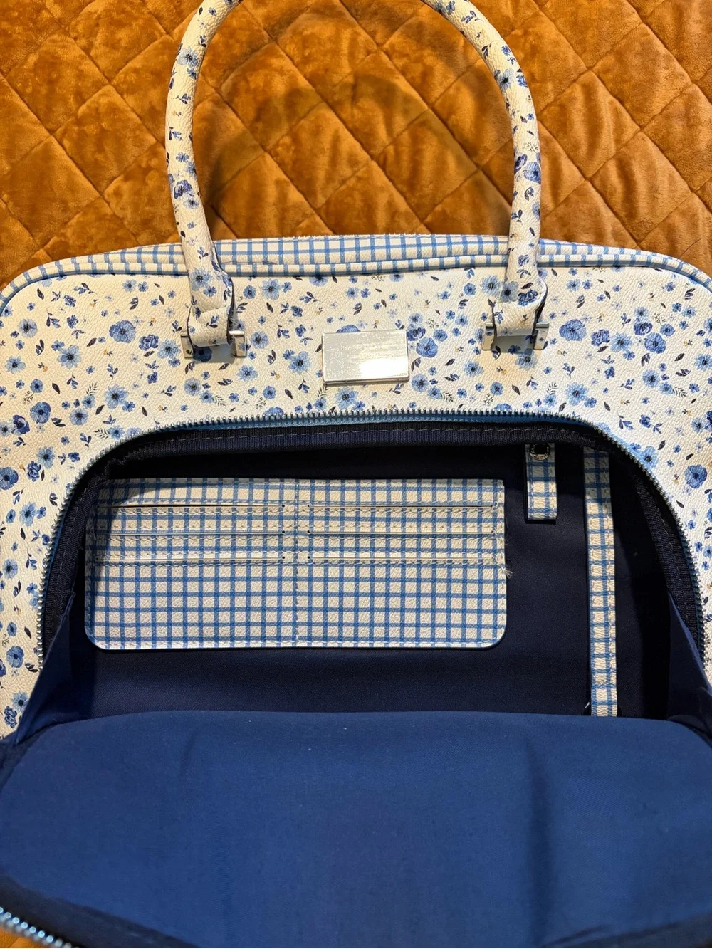 Parfois Light Blue Floral Laptop bag with Gingham Trim